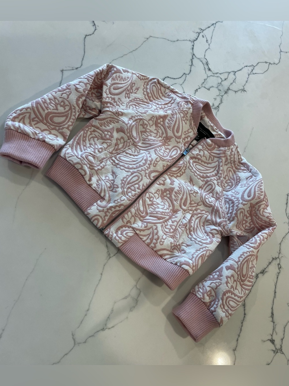 Victoria Beckham Blush-Pink Paisley Girls Bomber Jacket - Picture 2 of 14